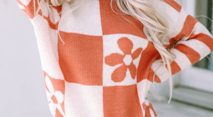 Brown Checkered Floral Print Striped Sleeve Sweater