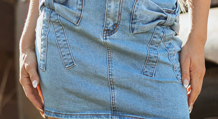 Dusk Blue Acid Wash Bowknot Details High Waist Denim Skirt