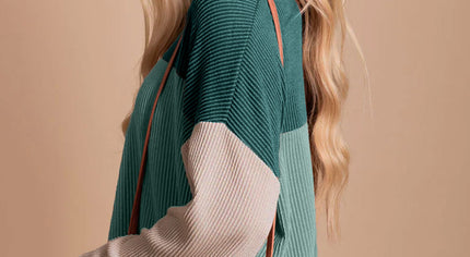 Green Color Block Long Sleeve Ribbed Loose Top