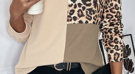 Pale Khaki Leopard Colorblock Waffle Knit Top