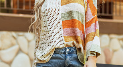 DEAR-LOVER Beige Oversized Colorblock V Neck Hooded Sweater