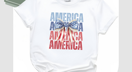 America Bow T-Shirt – Patriotic Red White Blue Graphic Tee for Women