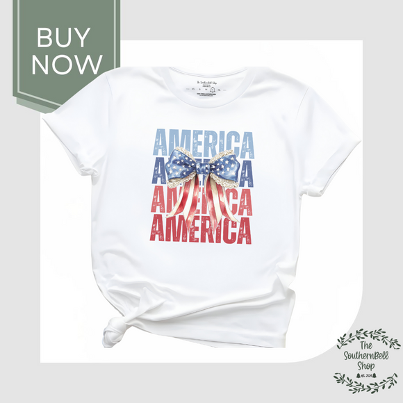 America Bow T-Shirt – Patriotic Red White Blue Graphic Tee for Women