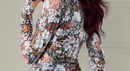Brown Floral Long Sleeve High Neck Sheath Mesh Blouse