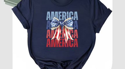 America Bow T-Shirt – Patriotic Red White Blue Graphic Tee for Women