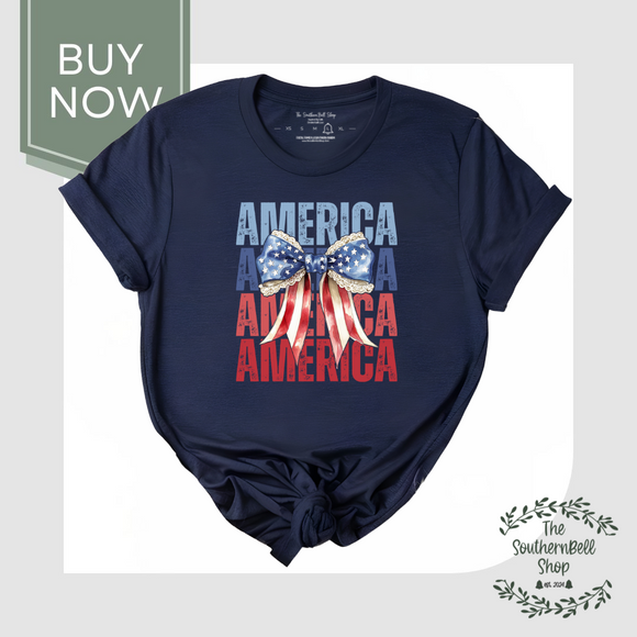 America Bow T-Shirt – Patriotic Red White Blue Graphic Tee for Women