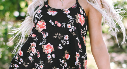 Black Floral Spaghetti Straps Strappy Back Tank Top