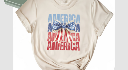 America Bow T-Shirt – Patriotic Red White Blue Graphic Tee for Women
