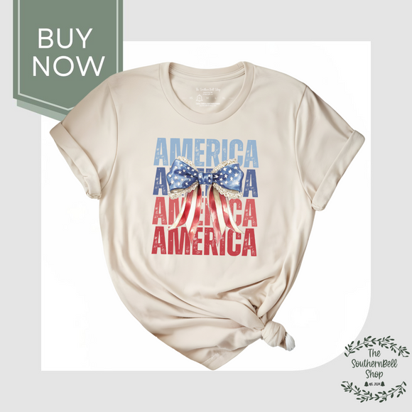 America Bow T-Shirt – Patriotic Red White Blue Graphic Tee for Women