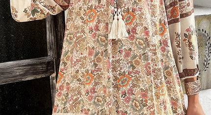 Apricot Floral Print Tassel Drawstring V Neck Loose Mini Dress