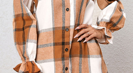 Khaki Plaid Pattern Collared Neck Ruffled Sleeve Shirt Dress