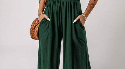 Black Smocked Sleeveless Wide Leg Jumpsuit with Pockets
