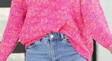 Dark Pink Colorful Spots Knitted V Neck Casual Sweater