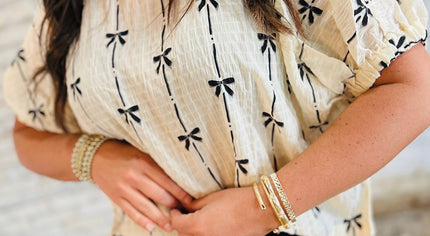 Beige Bow Print Puff Short Sleeve Top