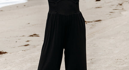 Black Cinched Waist Sleeveless Wide Leg Jumpsuit