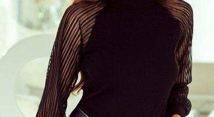 Black Striped Mesh Long Sleeve Crewneck Ribbed Top