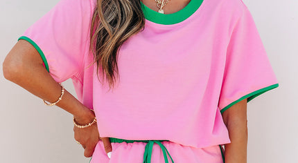 Bonbon Colorblock Edge Drop Shoulder T Shirt and Skort 2Pcs Set