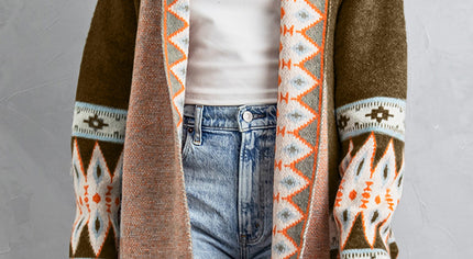 Brown Aztec Print Open Front Knitted Cardigan