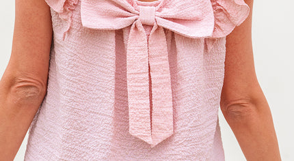Gossamer Pink Textured Bow Knot Frilled Butterfly Sleeve Blouse