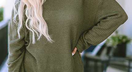 Green Waffle Knit High Slits Oversized Top