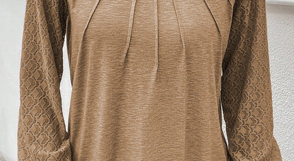Light French Beige Contrast Lace Raglan Sleeve Plicate Round Neck Top