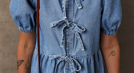Dusk Blue Tied Front Bubble Sleeve Peplum Denim Shirt