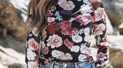 Pink Mesh Floral Print Mock Neck Long Sleeve Slim Top