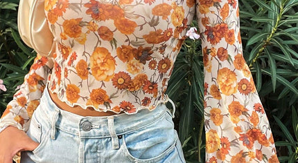 Orange Floral Printed Bell Sleeve Mock Neck Scallop Trim Blouse