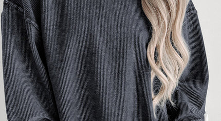Gray Solid Ribbed Knit Round Neck Pullover Sweatshirt
