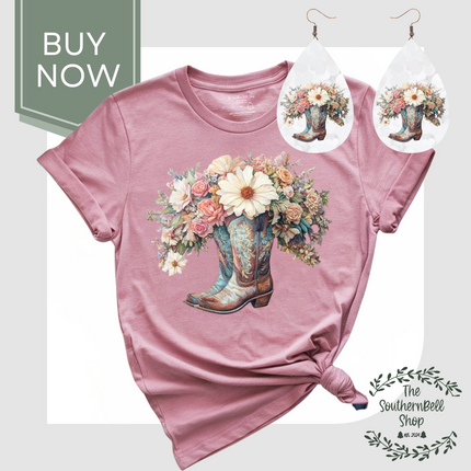 Floral Boot T-Shirt & Matching Earrings Set