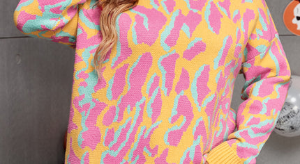 Bright Pink Plus Size Leopard Ribbed Trim Sweater