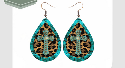 Western Teal Cross & Leopard Print Earrings