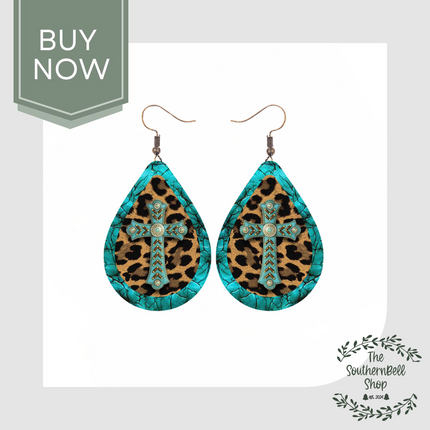 Western Teal Cross & Leopard Print Earrings