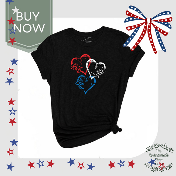 Red White Blue Heart T-Shirt – Patriotic 4th of July Tee – Minimalist Americana Graphic Shirt – Southern Style USA Apparel