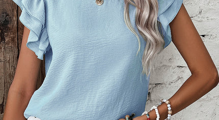 Mist Blue Solid Color Ruffled Short Sleeve Casual Blouse