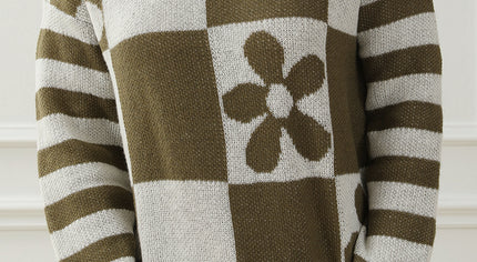 Green Checkered Floral Print Striped Sleeve Sweater