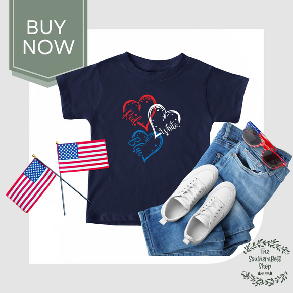 Red White Blue Heart T-Shirt – Patriotic 4th of July Tee – Minimalist Americana Graphic Shirt – Southern Style USA Apparel