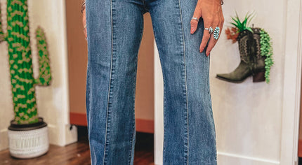 Sail Blue High Waist Button Raw Hem Jeans