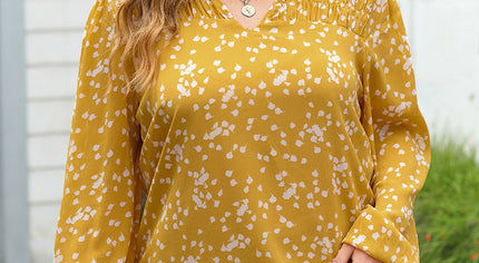 Yellow Plus Size Floral Print Ruched Split Neck Blouse