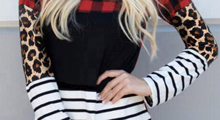 Plaid Print Leopard Splicing Striped Color Block Long Sleeve Top