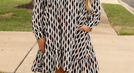 Apricot Geometric Print Collared V Neck Plus Size Mini Dress