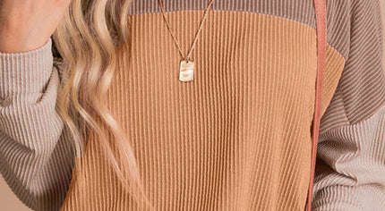 Khaki Color Block Long Sleeve Ribbed Loose Top