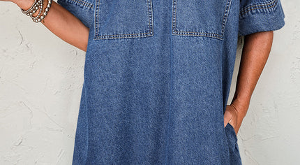 Blue Short Sleeve Collared Patched Pocket Denim Mini Dress