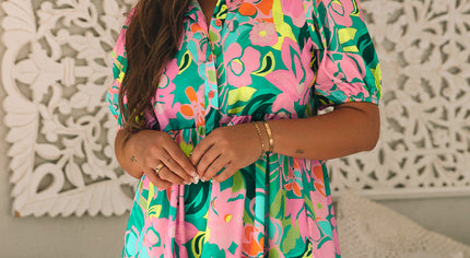 Green Floral Puff Sleeve Collar Buttoned Babydoll Dress