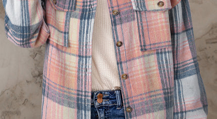 Pink Black/Pink Plaid Flap Pockets Shacket