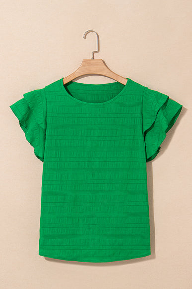Dark Green Ruffle Sleeve Textured Smocked Blouse