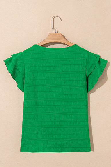 Dark Green Ruffle Sleeve Textured Smocked Blouse
