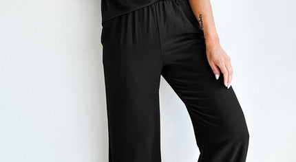 Black Solid Color T Shirt 2pcs Wide Leg Pants Set