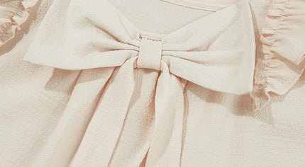 Beige Textured Bow Knot Frilled Butterfly Sleeve Blouse