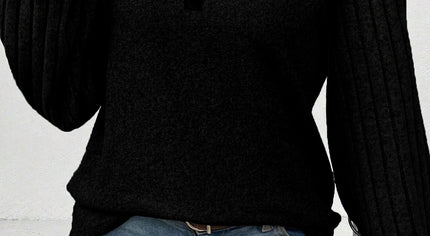 Black Buttoned V Neck Ribbed Puff Sleeve Top